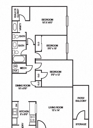 Three Bedroom 1.5 Bath (1075 sq ft)